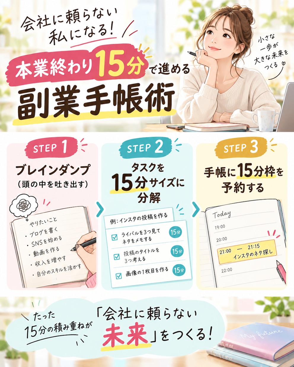文章を送るだけ！インスタ図解にします 文章整理×女性向けデザイン！要点をパッと伝える投稿画像を作成 イメージ5