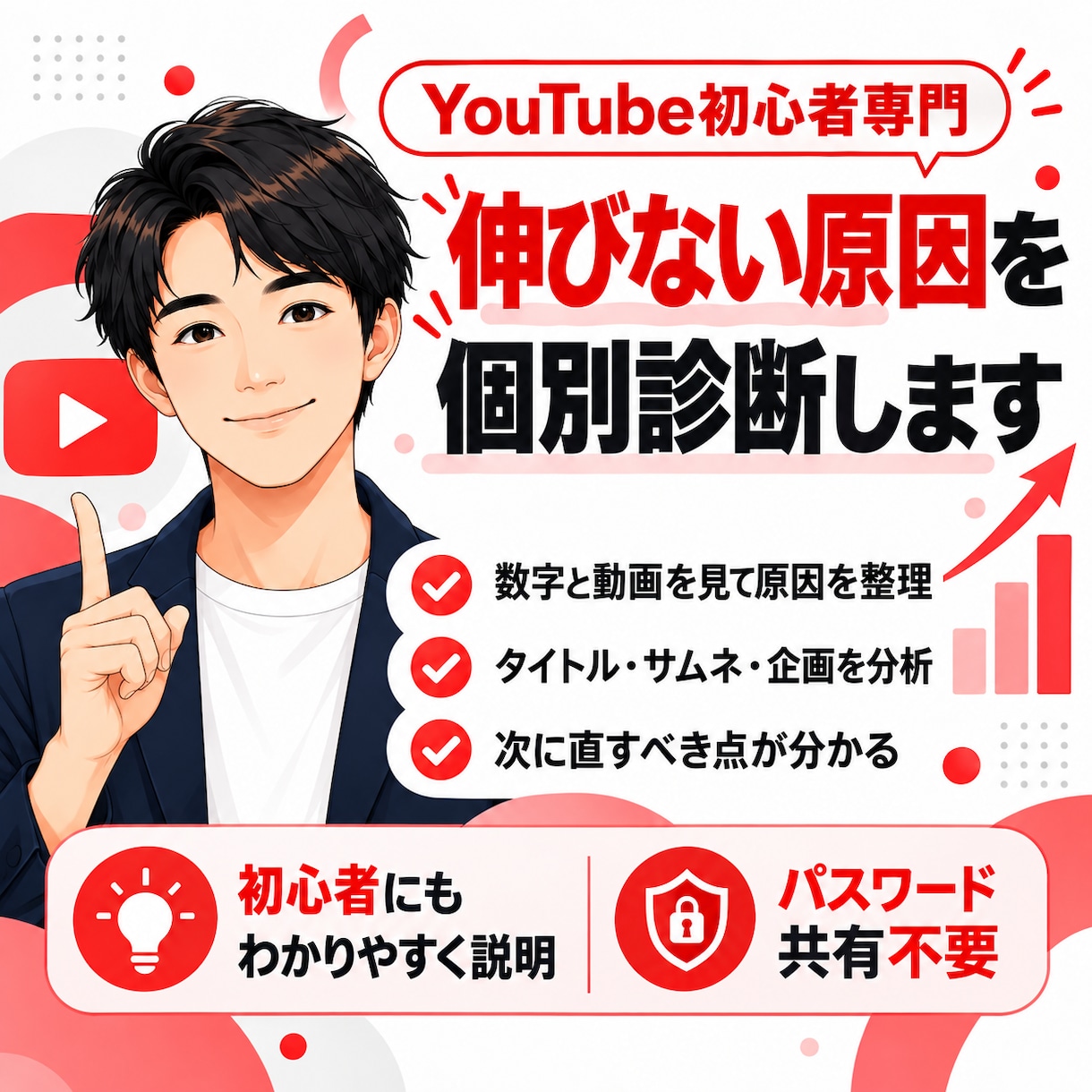 YouTubeの伸びない原因を徹底診断します 再生数・維持率・タイトル・サムネ・構成まで個別分析！ イメージ1