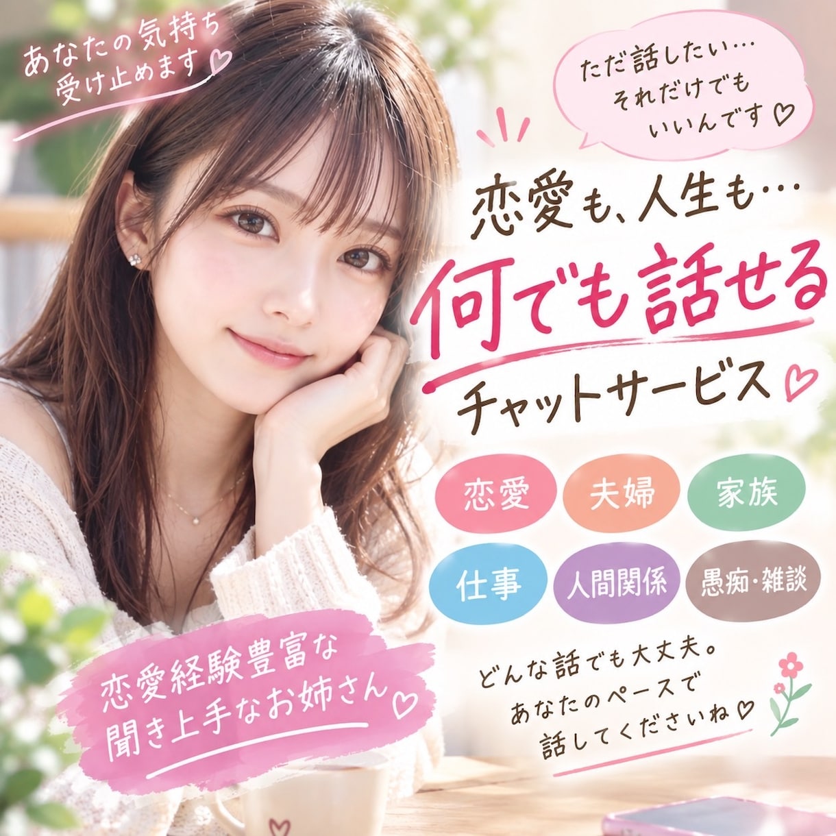 500円で気軽に相談♡LINEみたいにお話します 30分回数無制限即レスで♡優しく楽しく寄り添いトーク･:* イメージ1