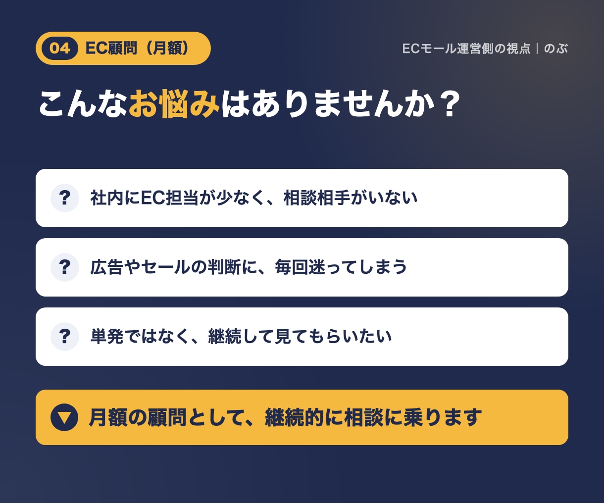 ECの売上改善を月額の顧問として支援します 毎月の売上の悩みを、モール運営側の視点で一緒に解決 イメージ2