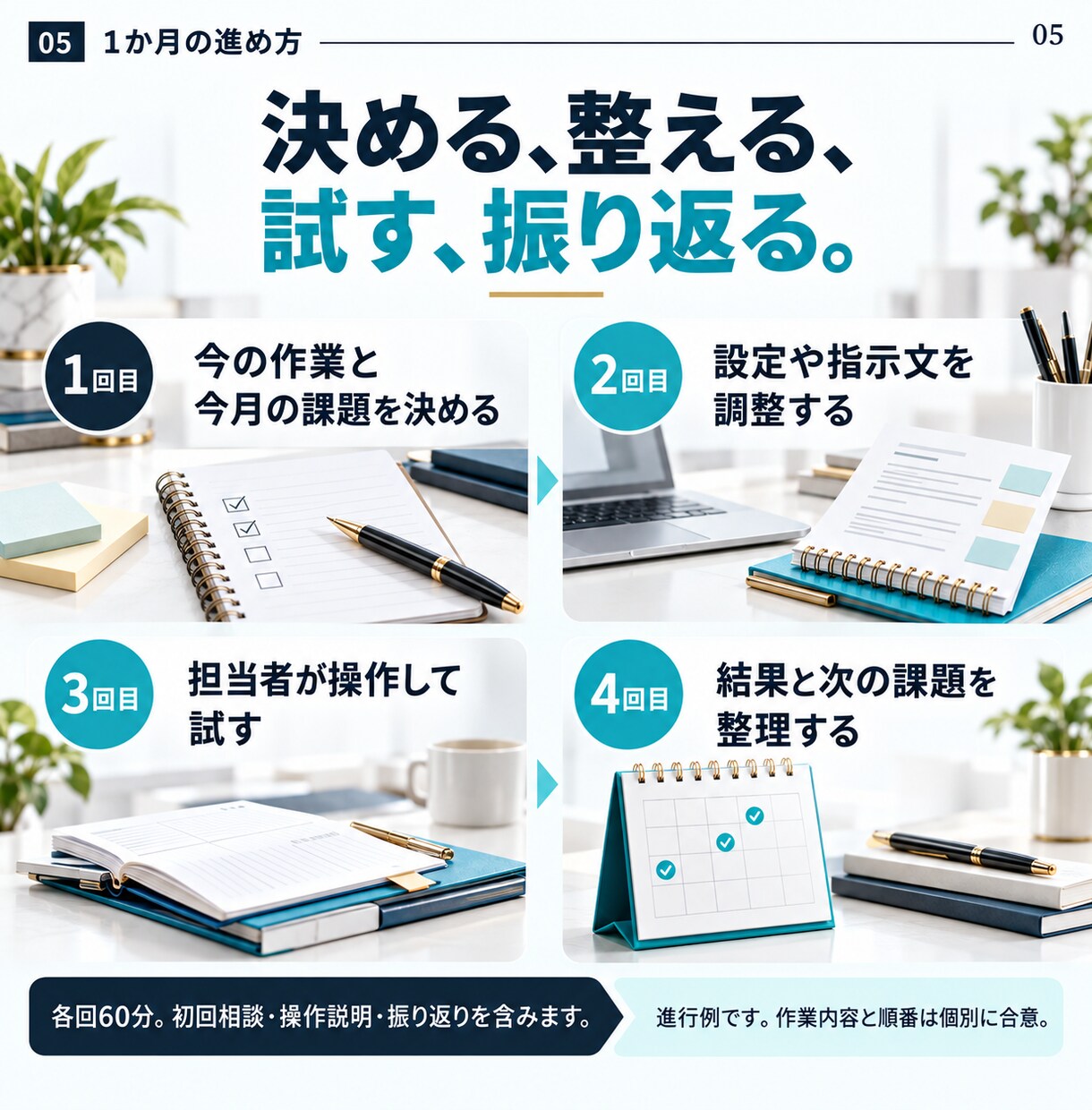 AIの導入と改善を月額で伴走サポートします 月10万円｜相談60分×4回＋合意した時間枠の実作業 イメージ5