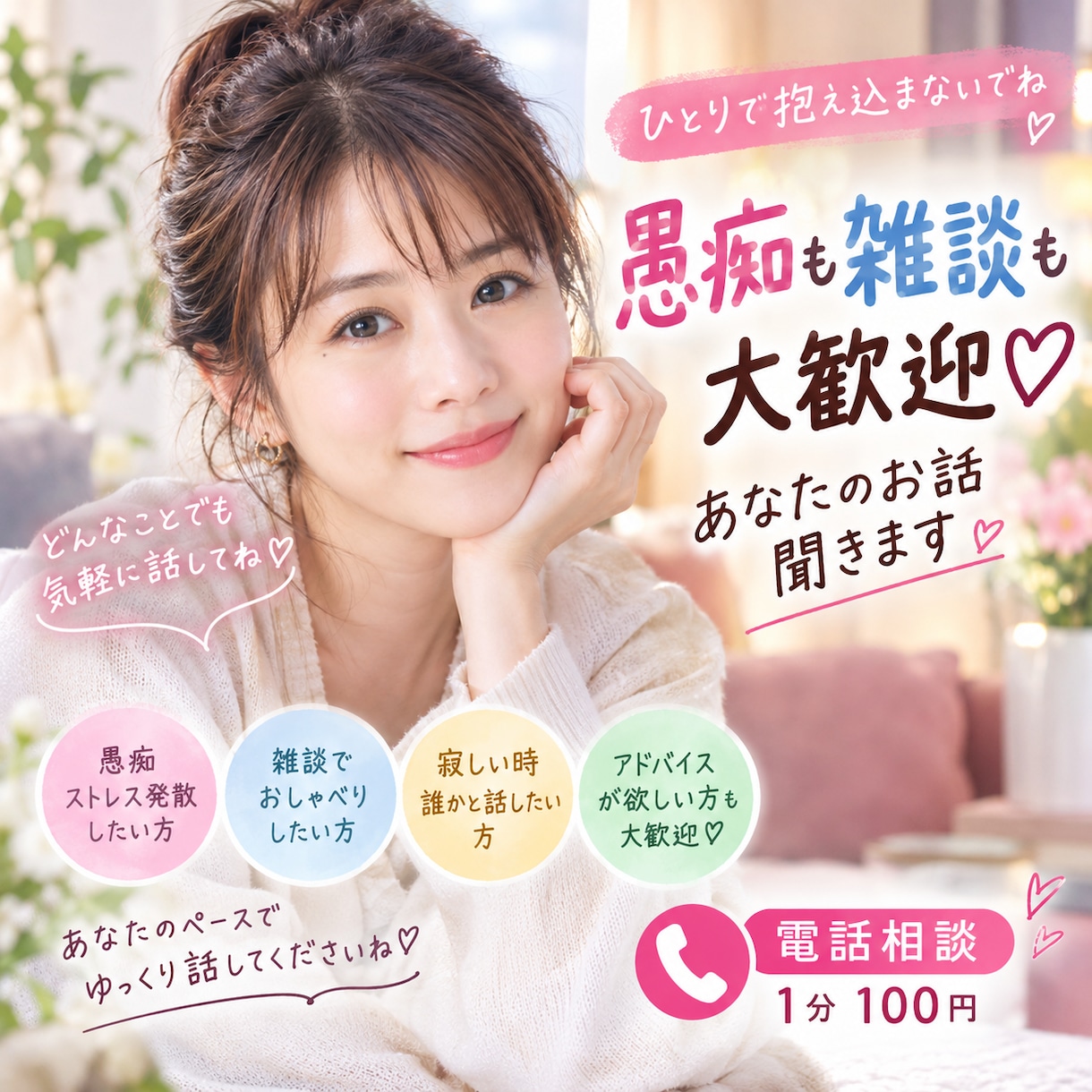 愚痴も雑談も大歓迎♡あなたのお話聞きします 寂しいときも嬉しい時も♡あなたのペースでお話しませんか？ イメージ1