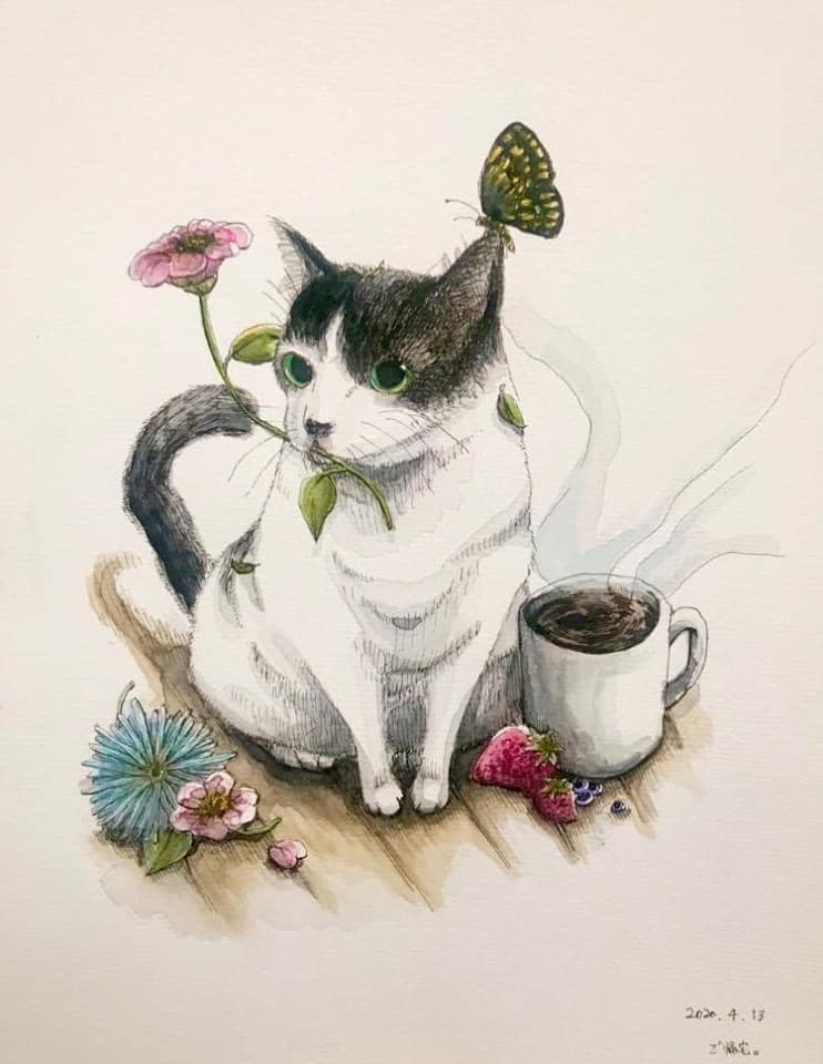 猫油絵 油彩 『猫と花』6F 亀本よし子 (直筆サイン入り) n6e2i 