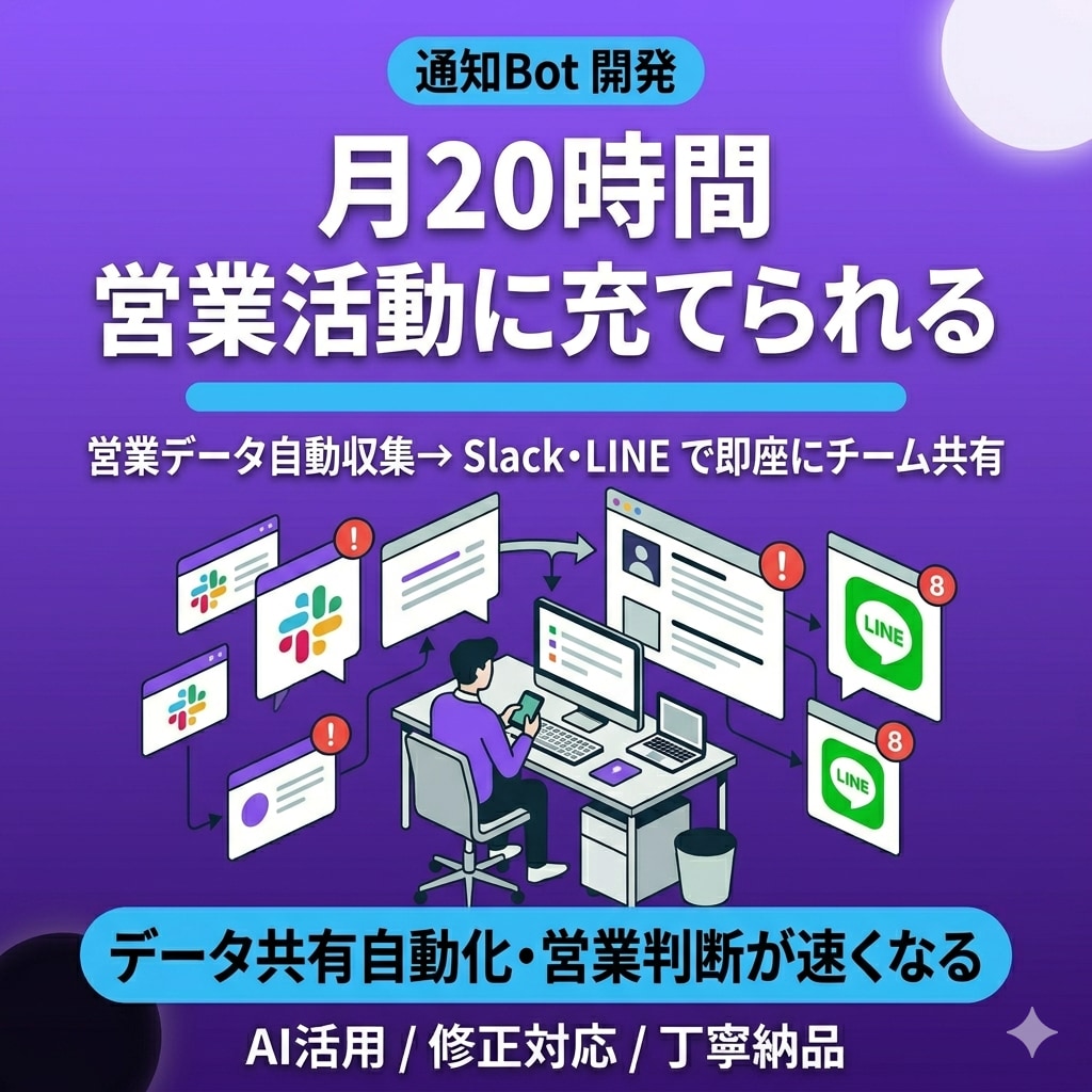 Slack・LINEへの自動通知Botを作ります 重要な情報を自動通知！手動チェック不要に イメージ1