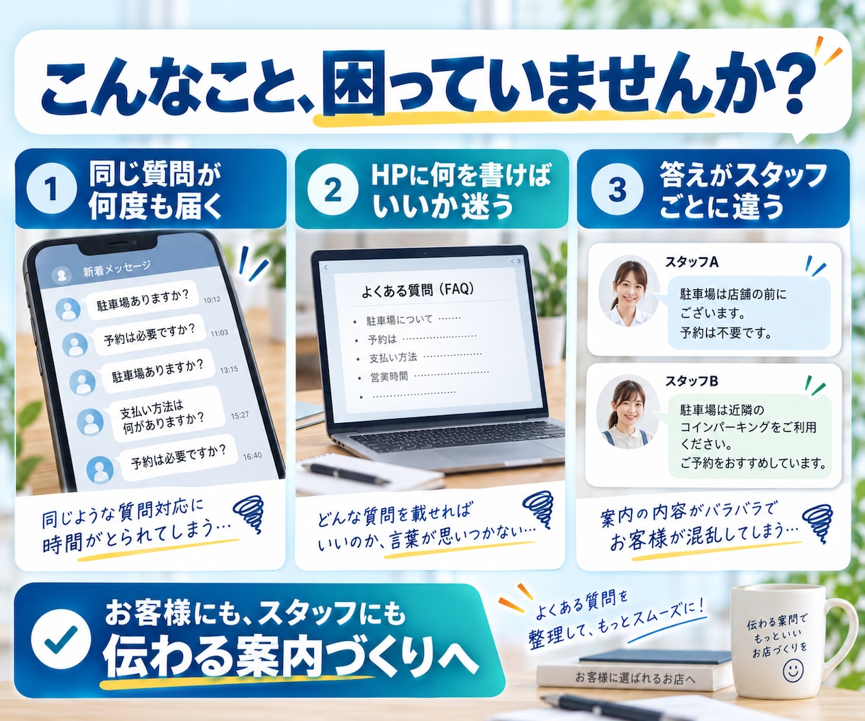 お店のよくある質問と回答を整えます 何度も聞かれることを、先に読める案内へ イメージ2