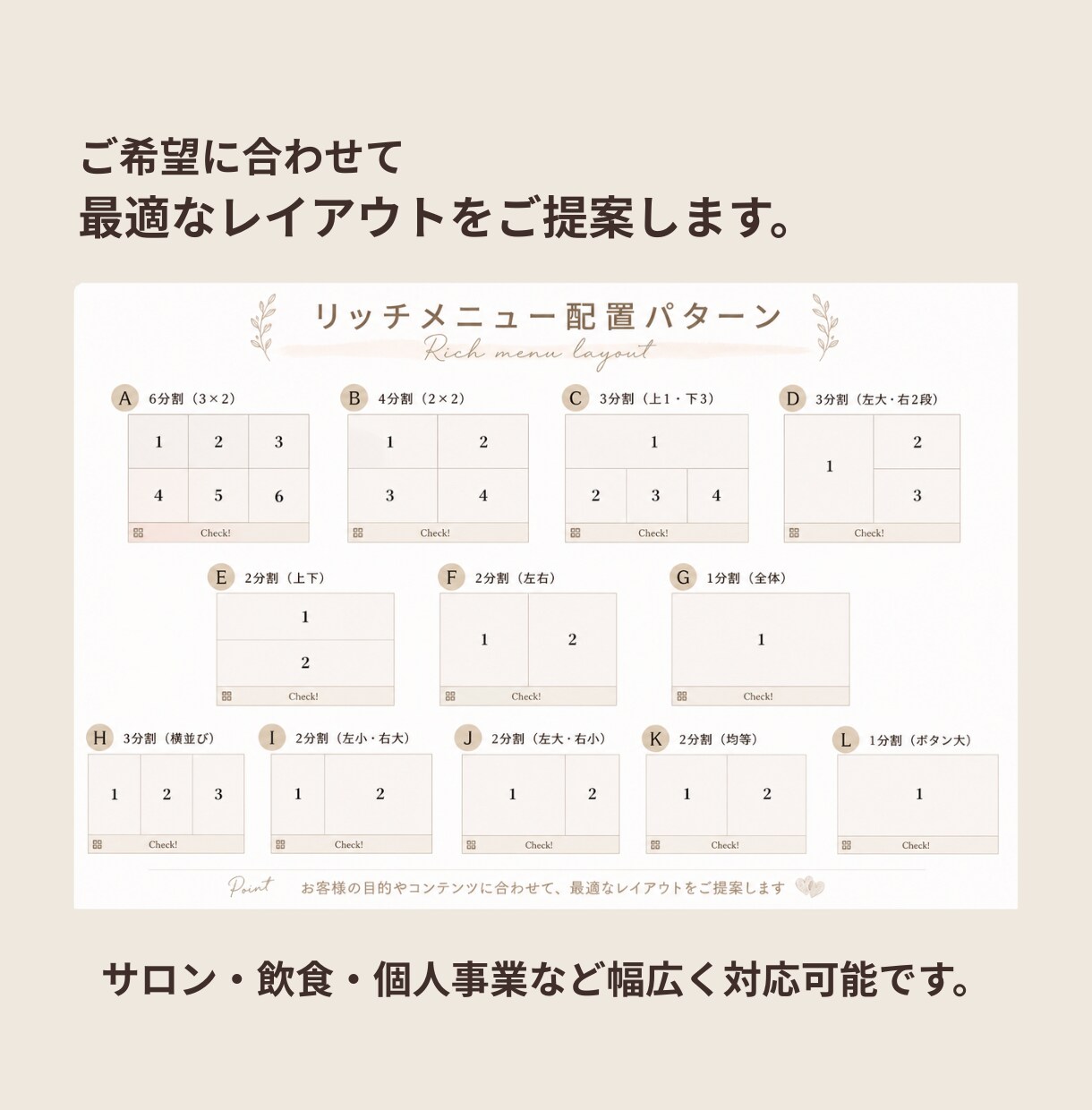 女性向けお洒落LINEリッチメニュー作成しますます 集客につながる見やすいデザインを丁寧に作成します。 イメージ2