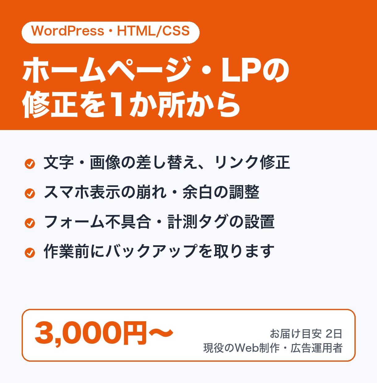 WordPress・LP修正を1か所から対応します 現役のWeb制作・広告運用者が丁寧に修正します イメージ1
