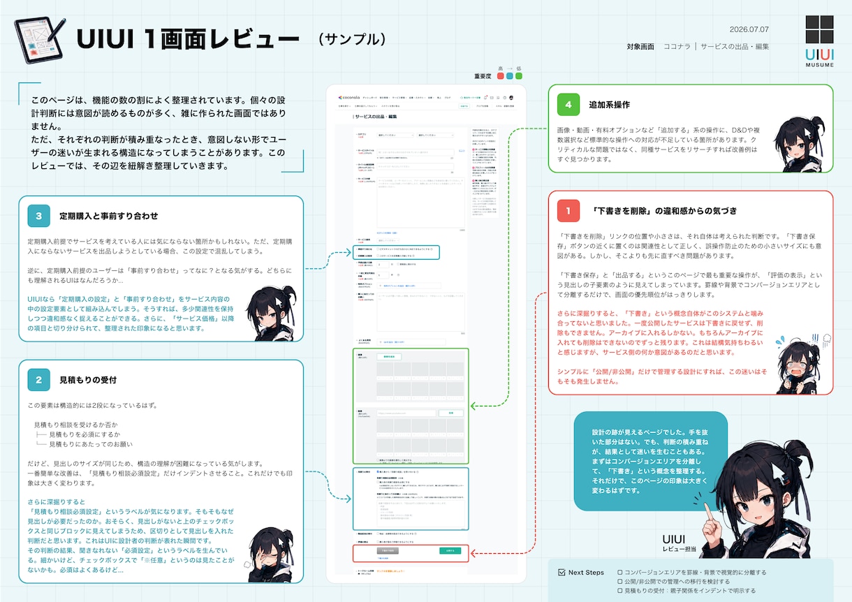 1画面UIレビュー+改善例をお返しします デザイナーがいない現場のために、その違和感を見える化します。 イメージ2