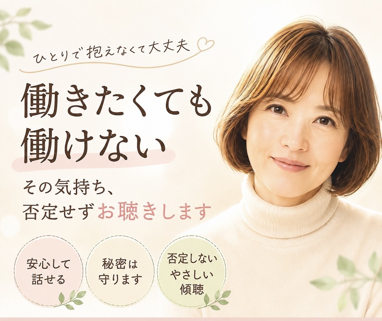 心や体の不調で働けない・不安や心の疲れ半分貰います 働きたいのに働けない罪悪感・将来の不安を抱える方お聴きします イメージ1