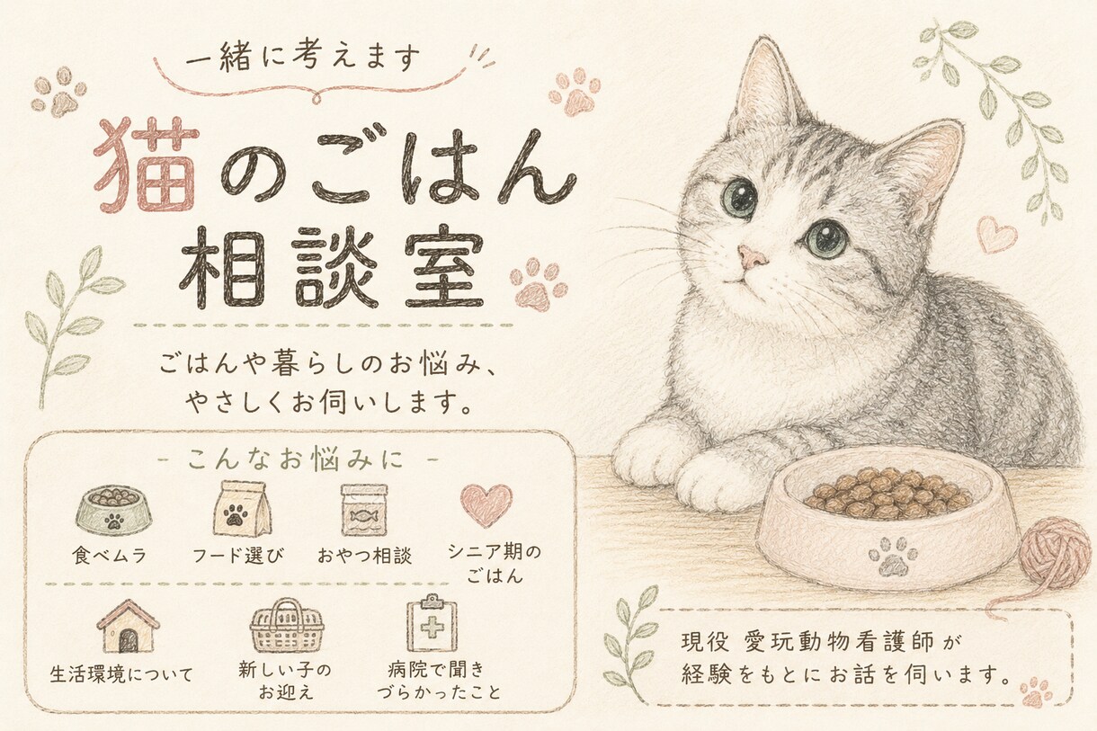 猫のごはんや暮らしのお悩み伺いますます 現役愛玩動物看護師がその子にあった解決策を一緒に探します イメージ1