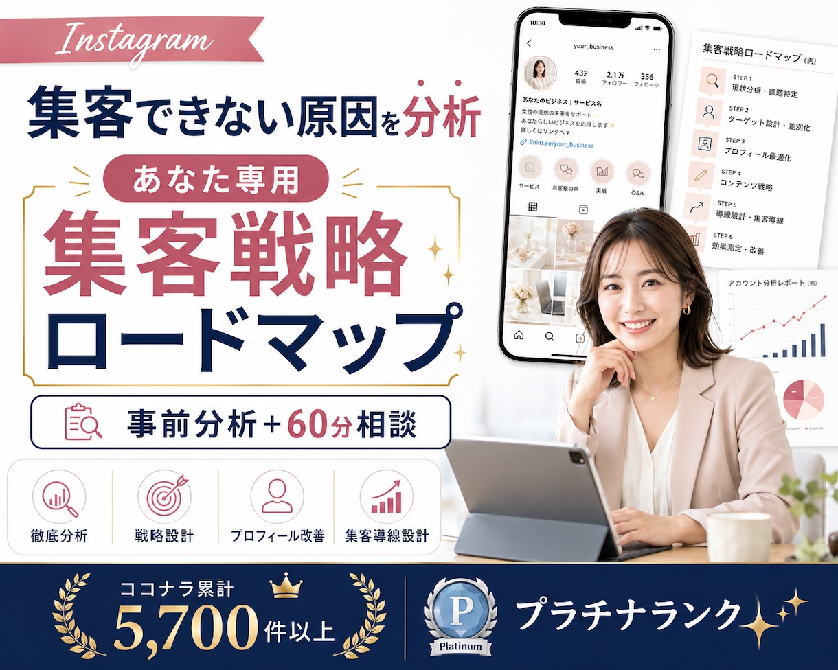 インスタを分析し集客戦略を設計します 事前分析＋改善レポート＋60分相談｜女性事業者向け イメージ1