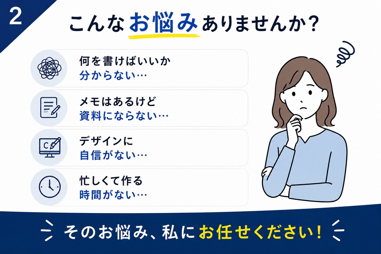 作る時間がない人の代わりにスライド作成します メモからスライドを作成。構成整理からデザインまで対応します。 イメージ2