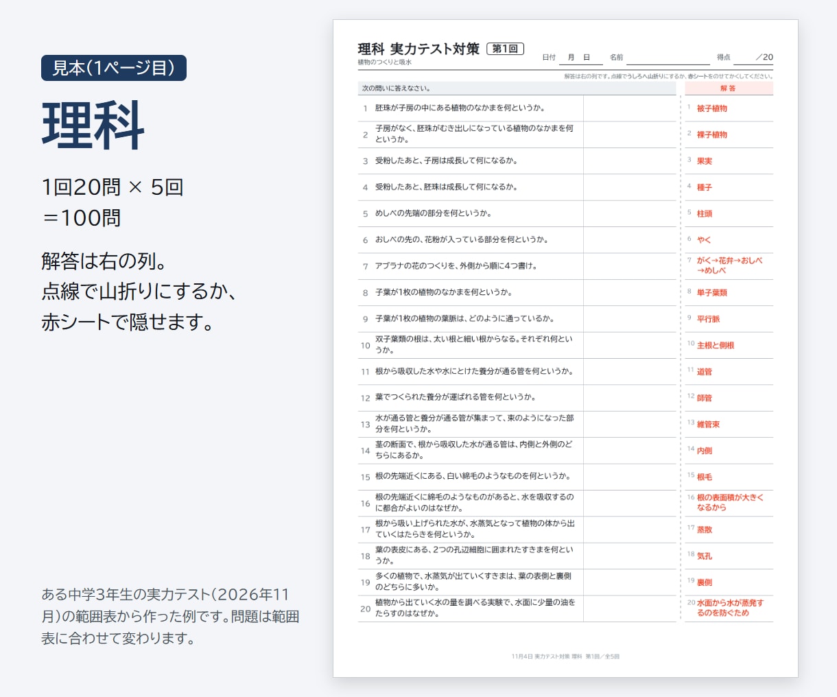 テスト範囲表から5教科の一問一答を作ります 各教科100問の確認プリントをPDFでお届け イメージ5