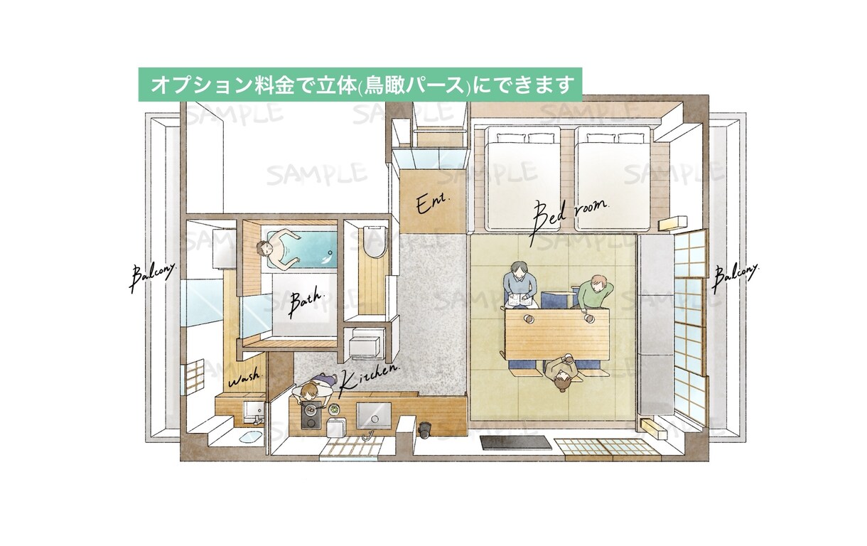 手描き風の人物入り間取り図を制作します ▼ 1〜2LDKまで／家具付き／Airbnb実績多数 イメージ3