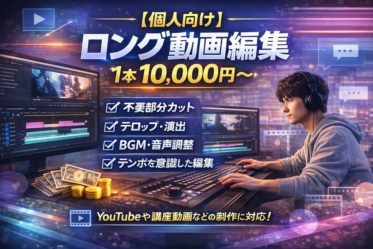 ロング動画作成します 長尺動画（〜30分目安）を視聴者に飽きさせない形に編集します イメージ1