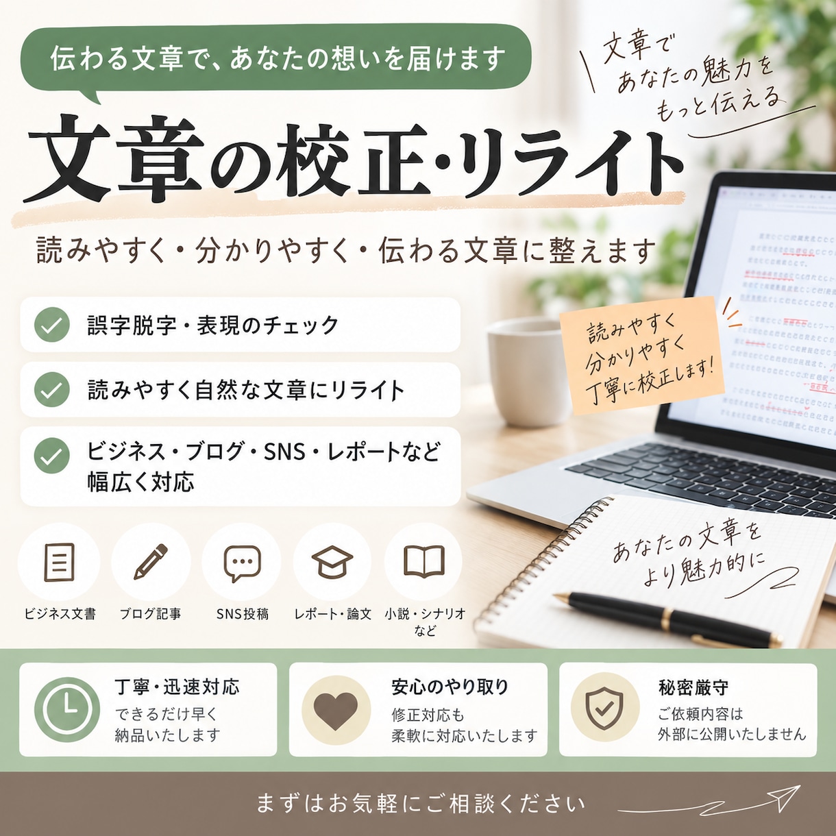 文章の校正・リライトを承ります 丁寧・迅速対応。誤字脱字チェック〜読みやすさ向上まで イメージ1