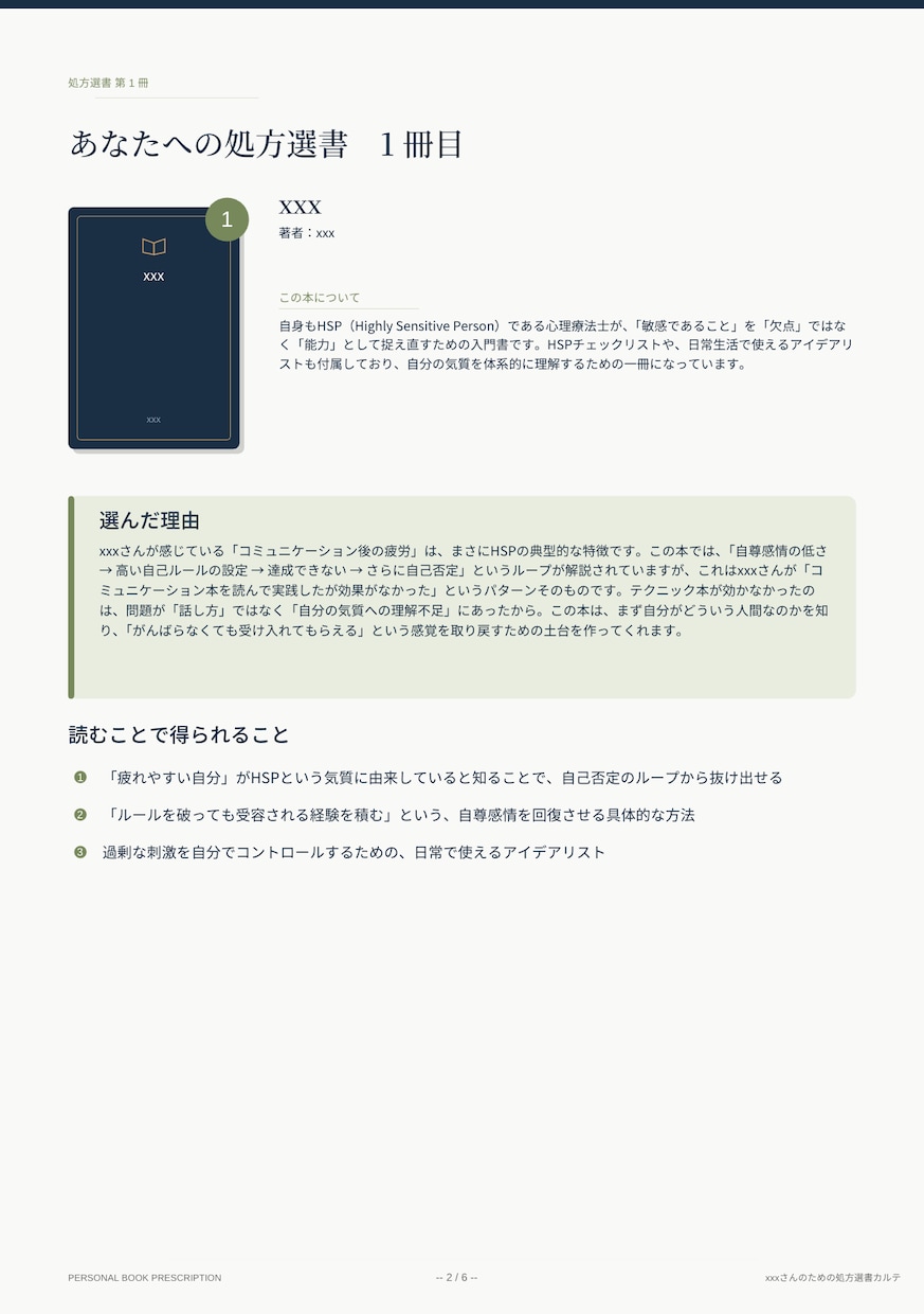 処方選書カルテ｜悩みを言語化し3冊の本を処方します 悩みに効く3冊を、読み方とともにあなた専用のカルテでお届け イメージ3
