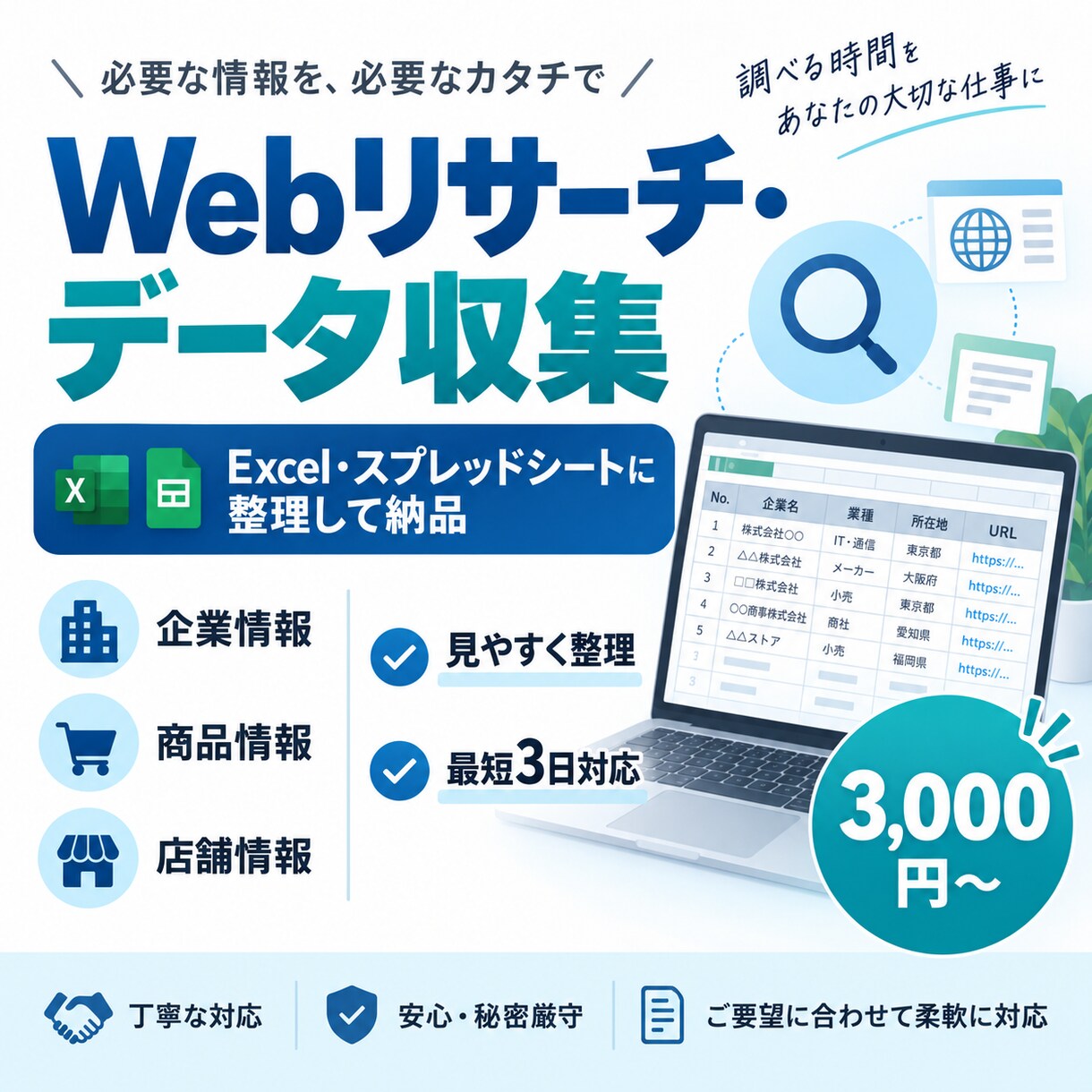 Web情報をExcelに整理します 企業・商品・店舗情報を丁寧に調査して一覧化します イメージ1