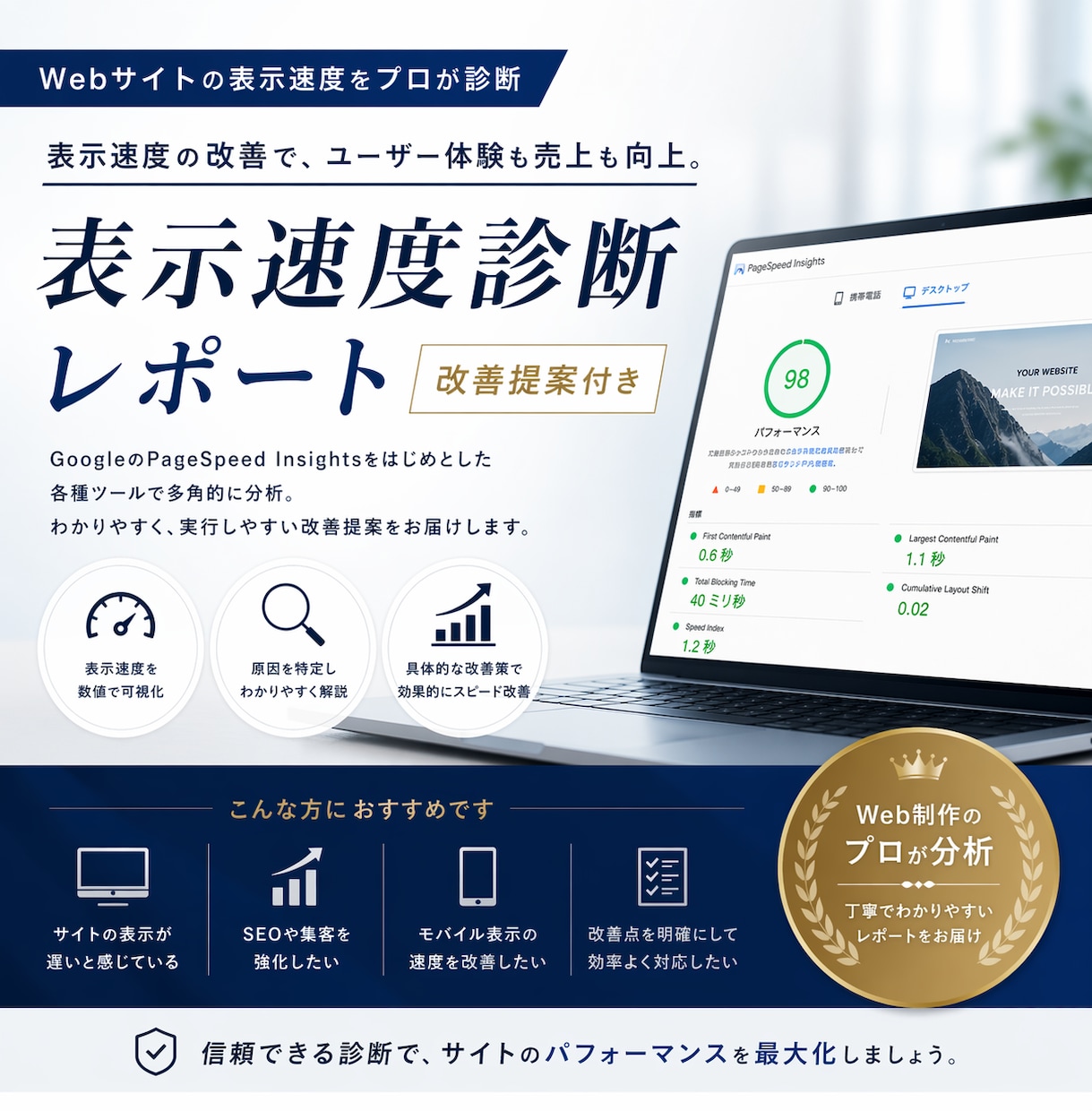 なぜ成果が出ない？伸び悩む原因をプロが特定します 結果がでない理由は速度かも？サイトの健康状態を可視化します イメージ1
