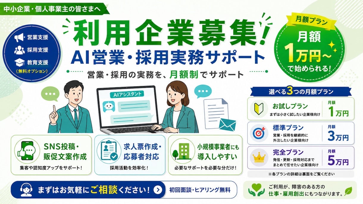 AIを活用した営業採用実務サポートを提供しています 営業・採用業務にお困りの法人様、個人事業主様を募集しています イメージ1
