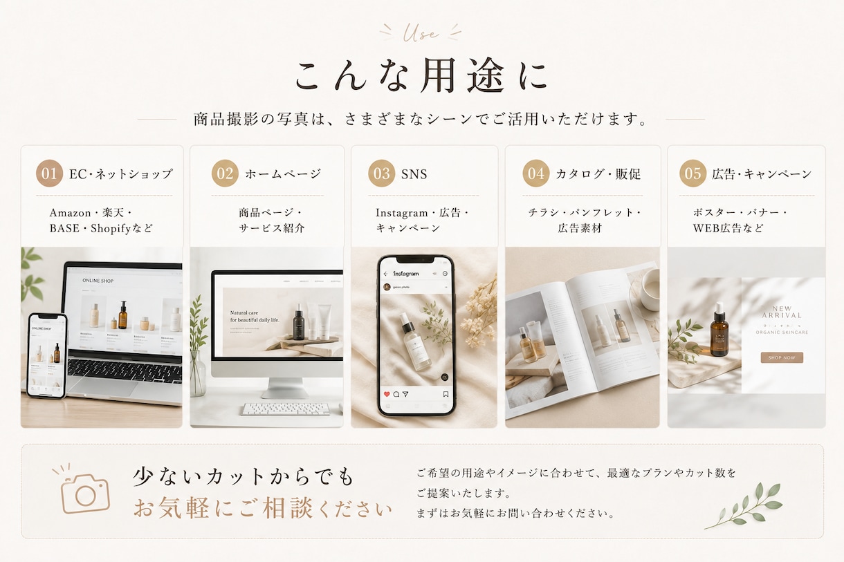 商品撮影・物撮りを3カットから承ります 3カットからお気軽に物撮りから背景・野外撮影まで対応します イメージ6