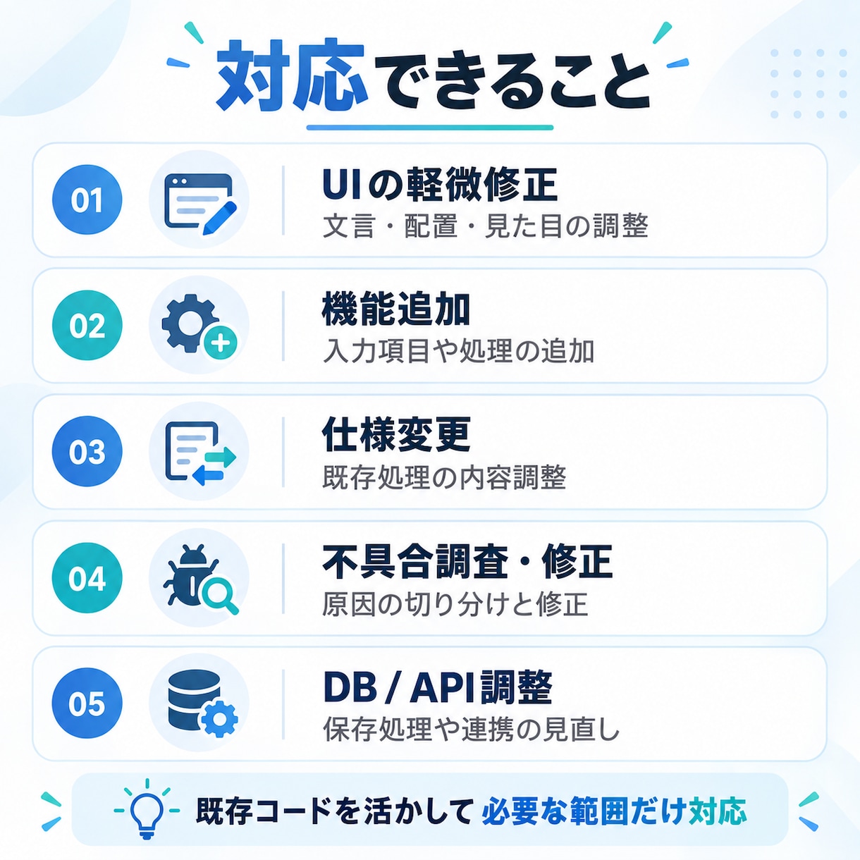 既存アプリの修正・機能追加・不具合調査を対応します 小さな修正から原因調査・機能追加まで対応します イメージ2