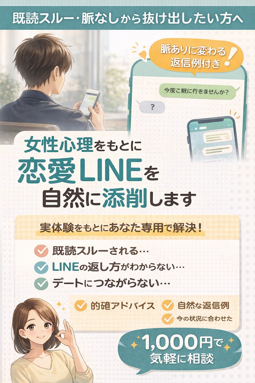 女性心理をもとに、恋愛LINEを自然に添削します 既読スルー・脈なしから抜け出したい方へ イメージ1