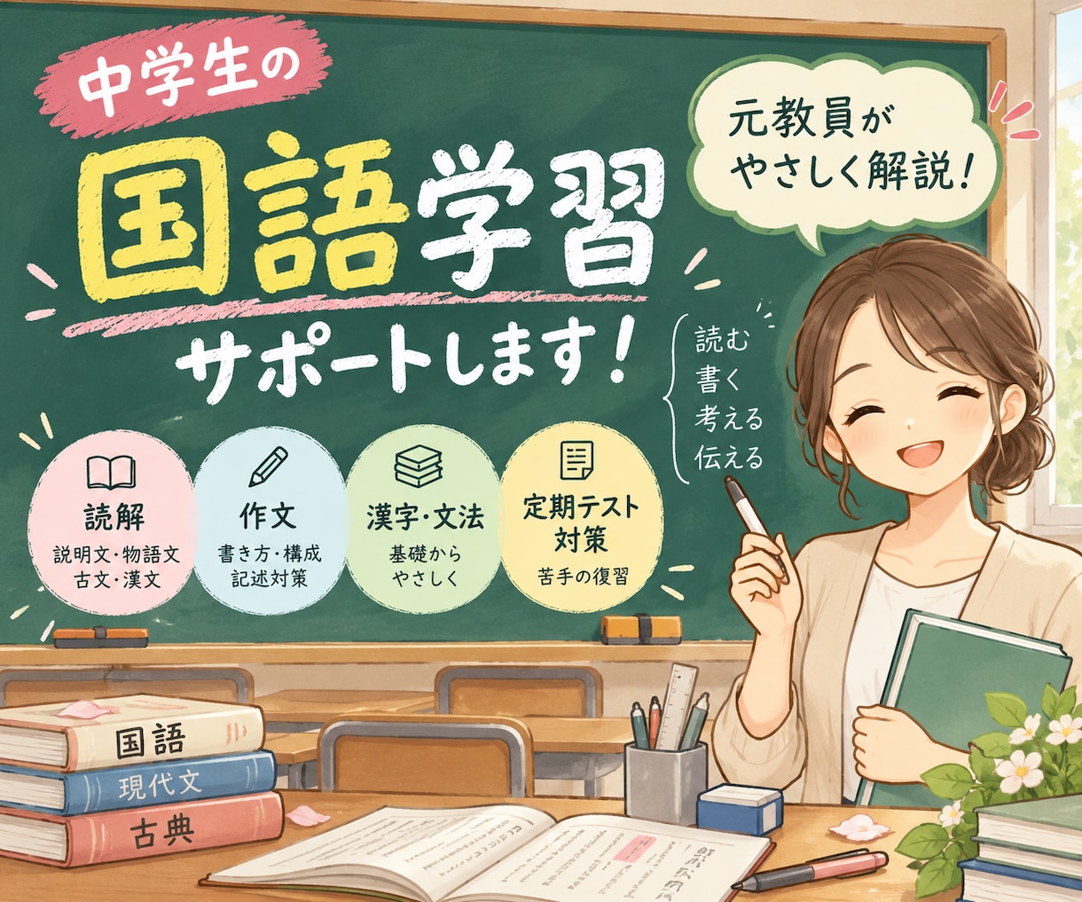 元教員が中学生の国語学習をサポートします メッセージ解説とオリジナル教材で苦手をサポート イメージ1