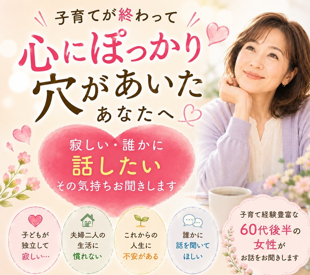 寂しい誰かに話したい、その気持ちをお聞きします 子育てを終えた方、終えようとしてる方の女性向けのサービスです イメージ2