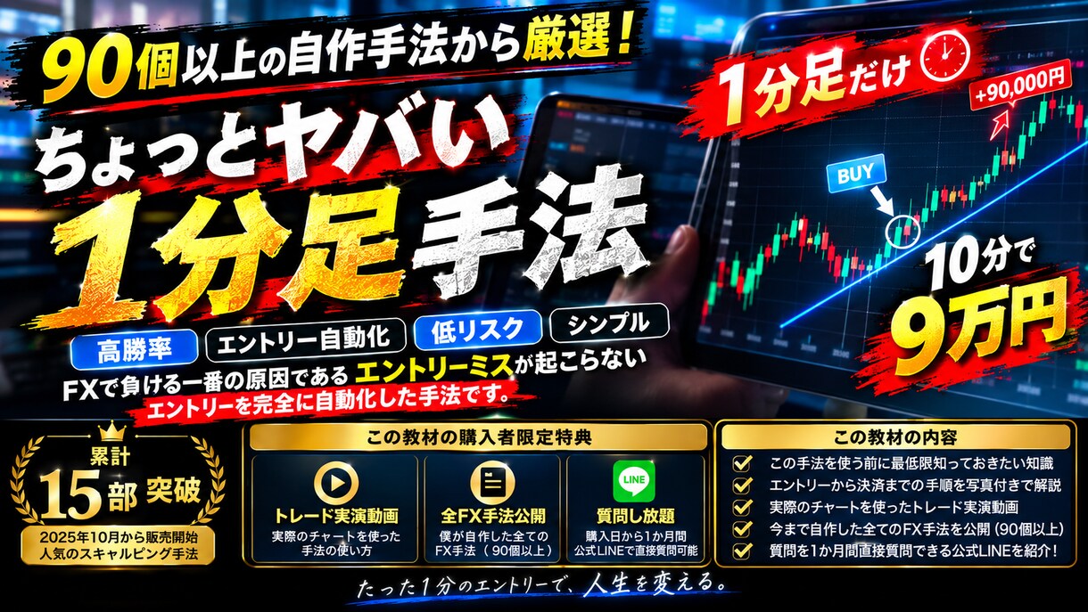 ちょっとヤバい1分足手法になります 90個以上の自作手法から厳選！1分足だけ、10分で9万円 イメージ1