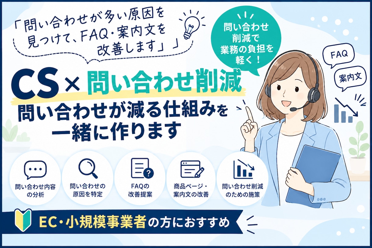 問い合わせを減らすための原因分析をします 問い合わせの多い原因を整理しFAQ・案内文を改善 イメージ1