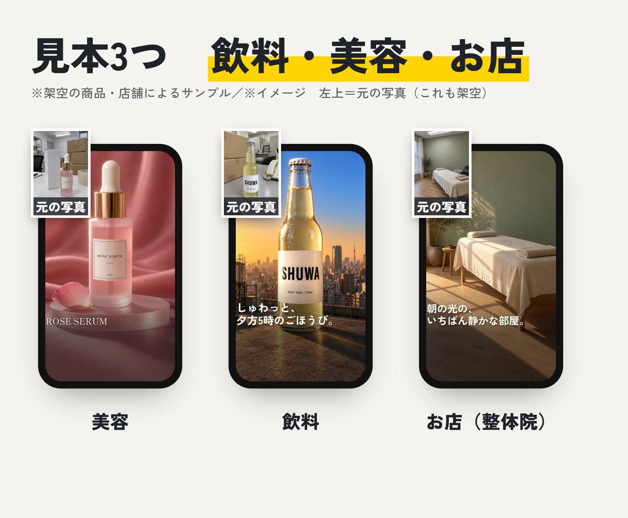 写真1枚から15秒のAI縦型PR動画を作ります 撮影不要・商用OK。テロップ・BGM・効果音まで込み イメージ2