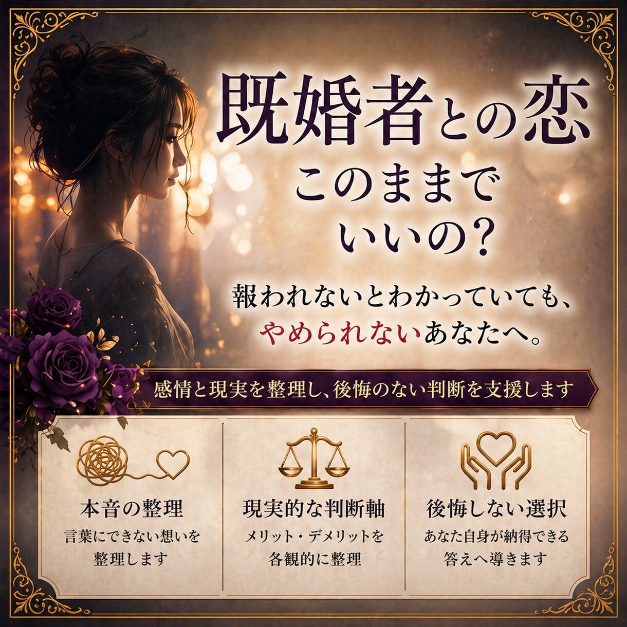 迷っているその恋愛に、後悔のない選択を導きます 別れと継続、どちらも後悔しない判断をサポートします。 イメージ2