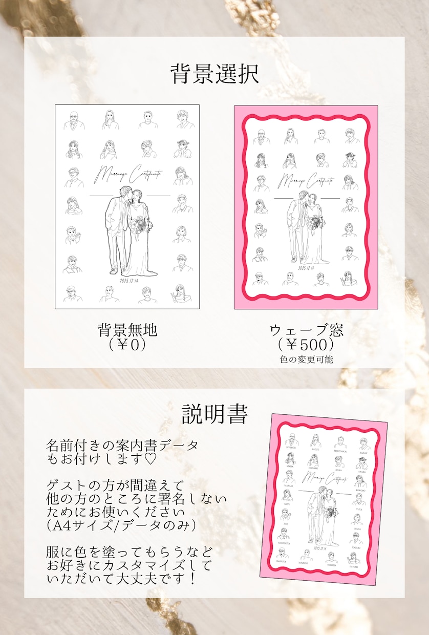 ゲストの似顔絵入りオリジナル結婚証明書を作成します ウェルカムスペースに飾れる！ゲストと作り上げる結婚証明書 イメージ3