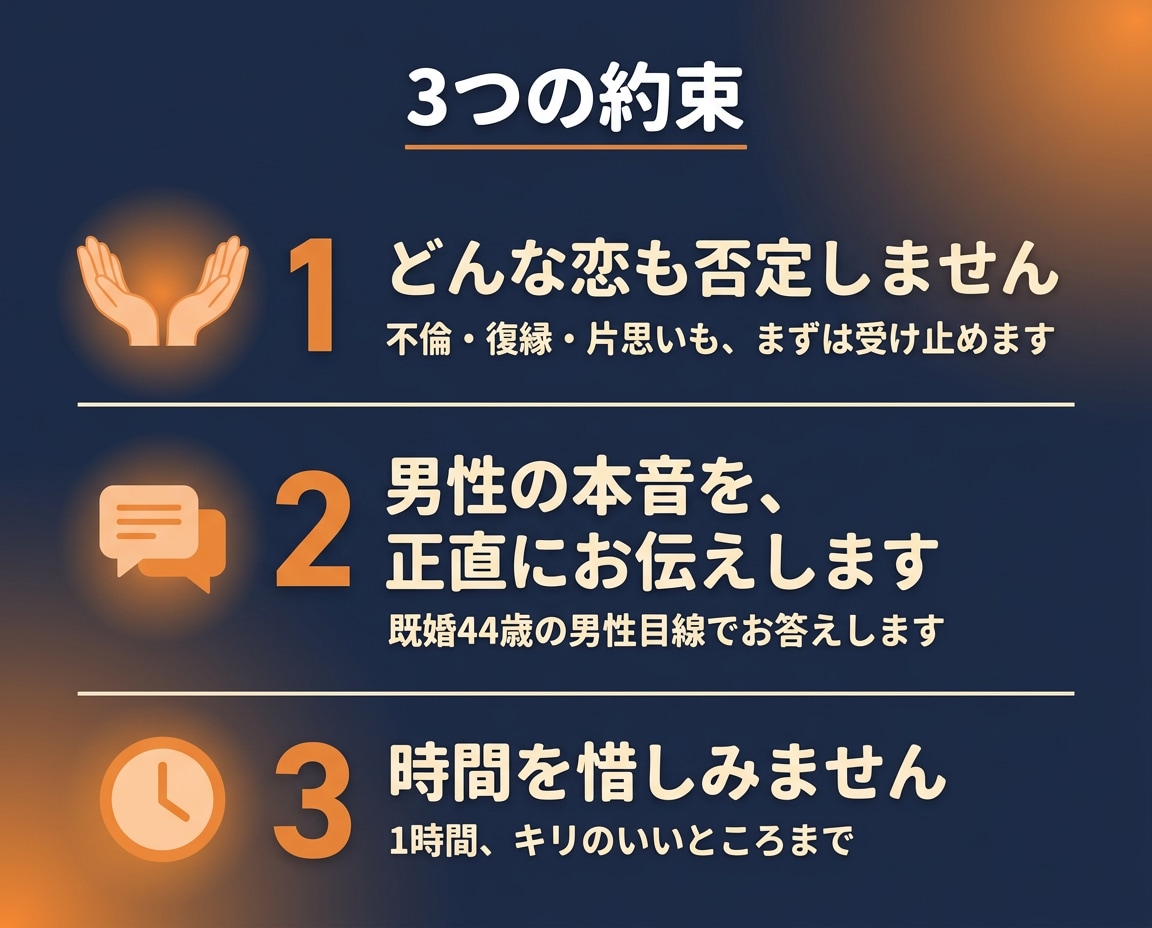既婚44歳が男性の本音を正直にお伝えします 不倫も片思いも否定ゼロ。優しく受け止め、本音でお答えします イメージ3