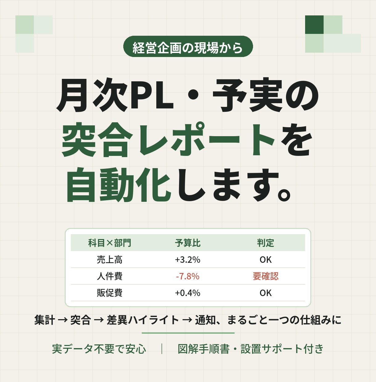 月次PL・予実の突合レポートを自動化します 毎月の突合と差異説明を、ボタン一つで終わらせます イメージ1