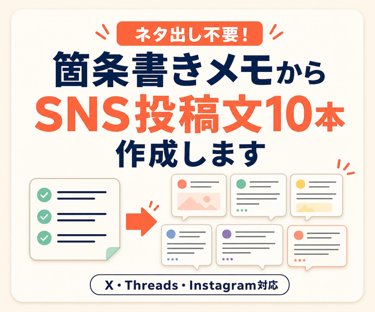 箇条書きメモからSNS投稿文10本を作ります ネタ出し不要！あなたの言葉を10日分の投稿にします イメージ1