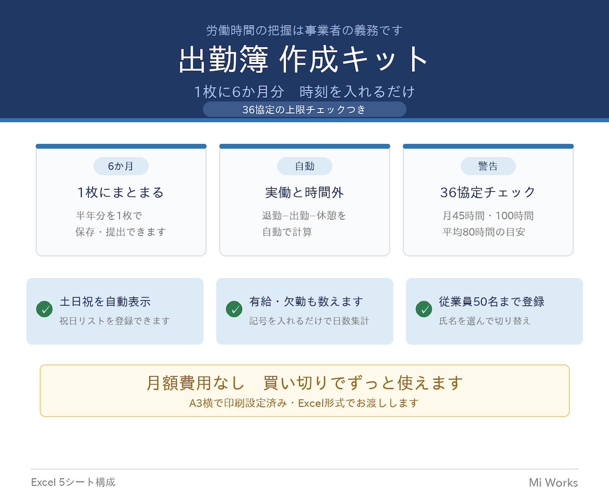 1枚6か月分の出勤簿Excelを販売します 時刻を入れるだけ｜実働・時間外を自動計算・36協定確認 イメージ1