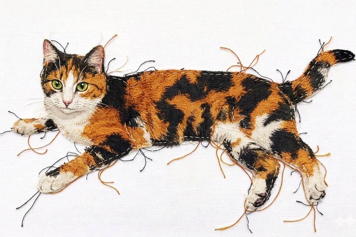 猫・ペットの布コラージュ作品を制作します 写真から布と手縫いでペットアート制作 イメージ4