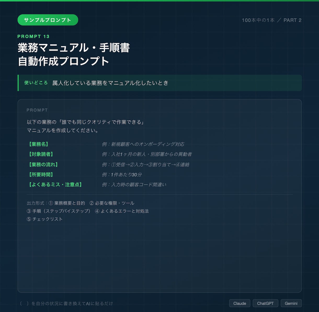 AI業務効率化プロンプト100選を提供します 月1000h削減実績｜元大企業DX推進者｜3大AI全対応 イメージ2