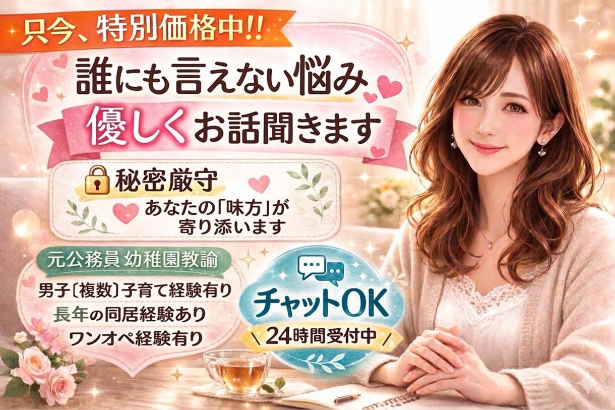 誰にも言えない悩み｜女性の気持ちに寄り添います 秘密厳守｜元公務員幼稚園教諭｜何でも安心してお話しください イメージ1
