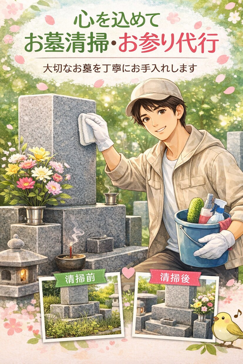 心を込めてお墓の清掃代行をします！！ます 作業前後を写真でご報告！お支払いは写真報告後でもOKです！ イメージ1