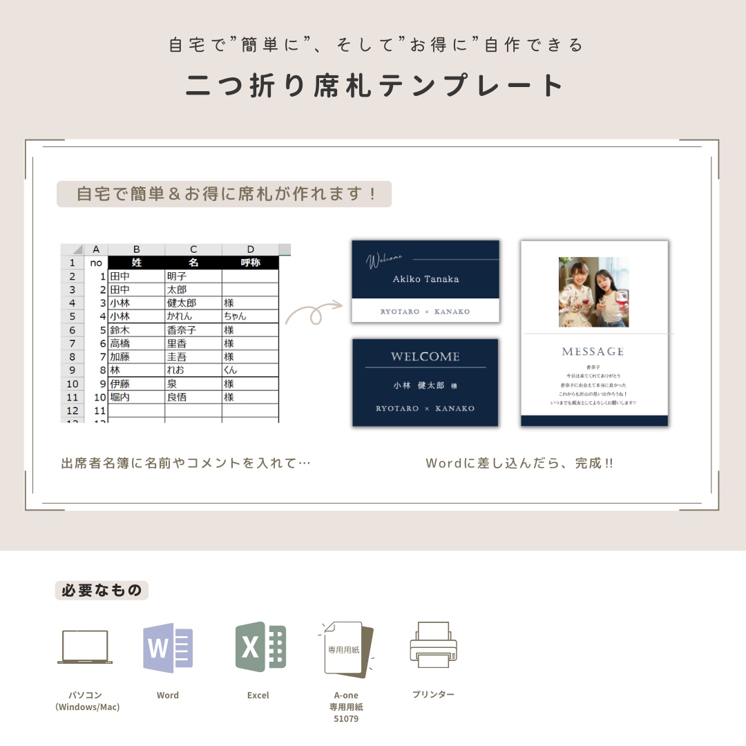 結婚式用二つ折り席札テンプレートをお渡しします 席札テンプレート　Etoile（エトワール）作り方ガイド付 イメージ2