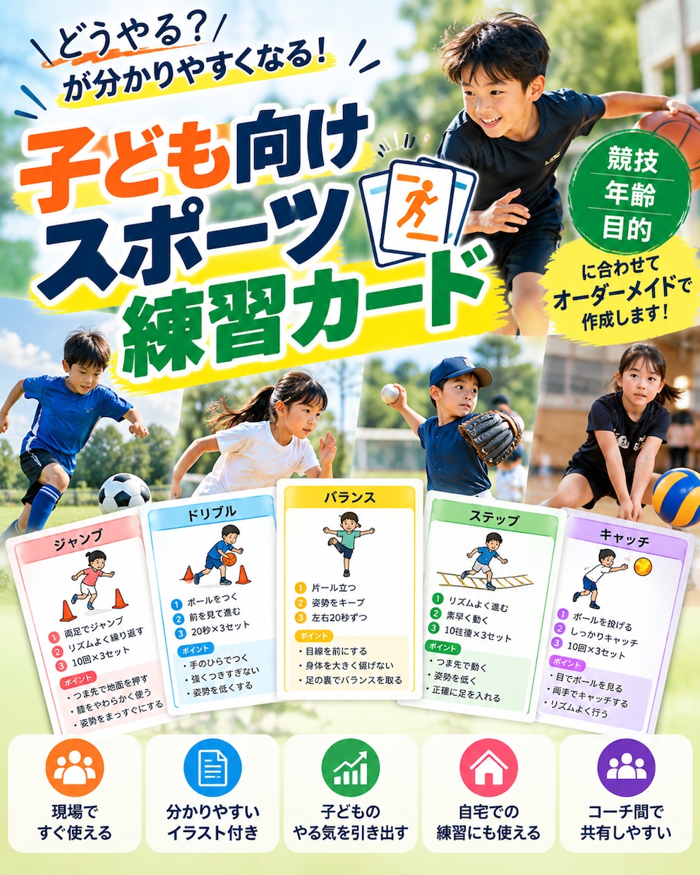 子ども向けスポーツ練習カードを作成します 年齢や目的に合わせて現場で使えるカードを作成します イメージ1