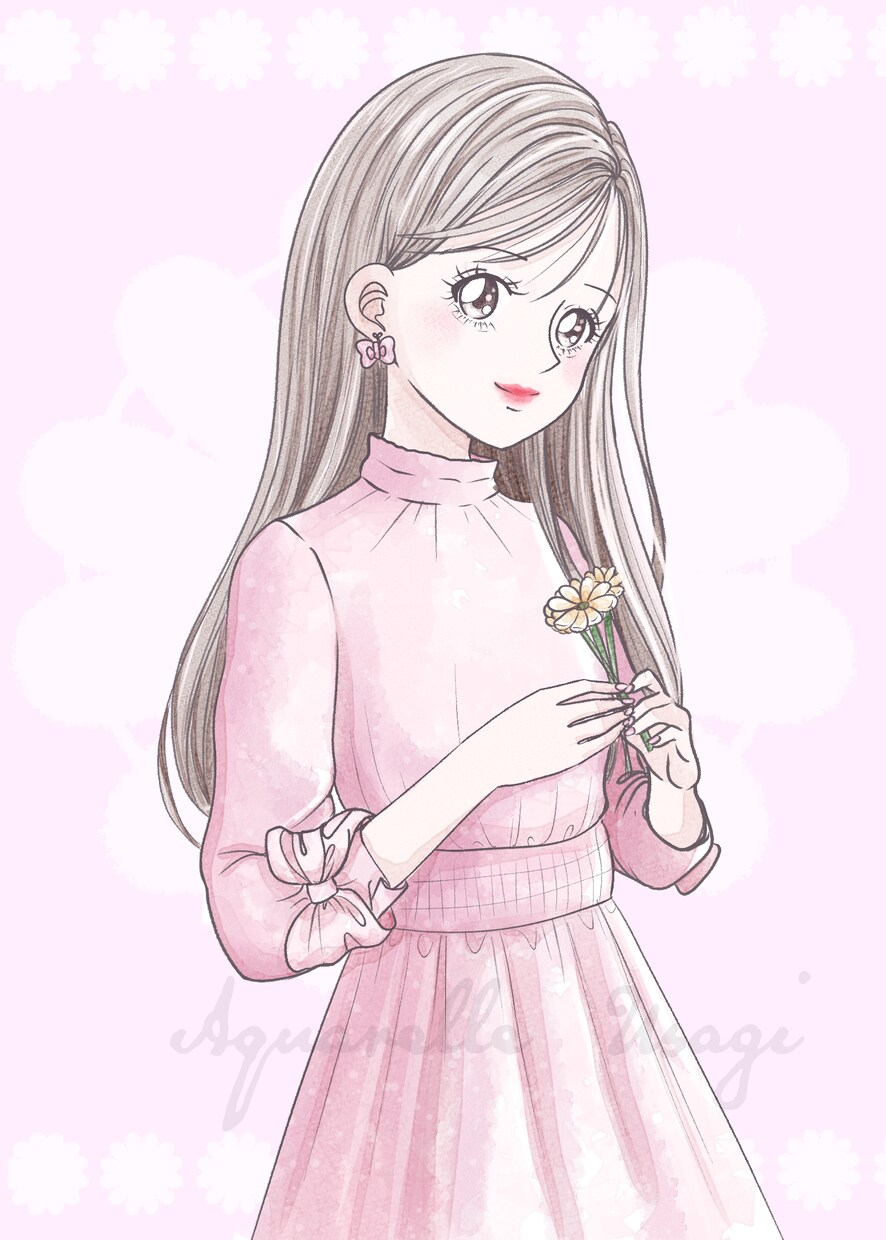 花やリボンで可愛く♡水彩風似顔絵アイコン描きます リアルすぎない、ちょっとマンガっぽい可愛い似顔絵です✨ イメージ5