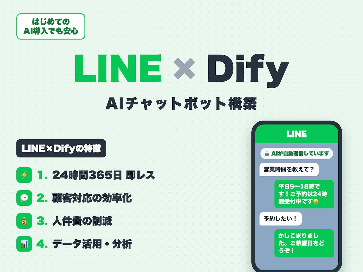 LINE×DifyでAIチャットボットを作ります 相談からOK！LINE公式に24時間AI対応を イメージ1