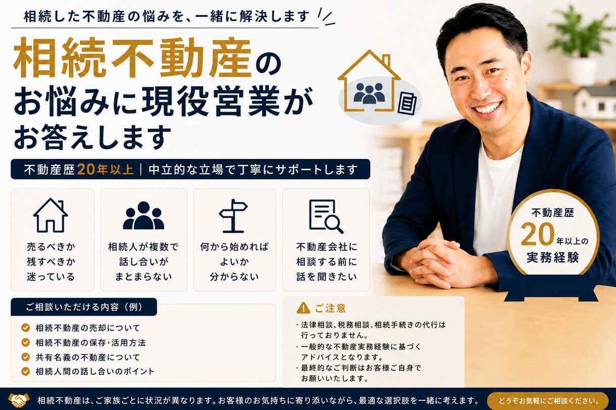 相続不動産のお悩みに現役営業がお答えします 不動産歴20年以上｜実務経験をもとにご説明 イメージ1