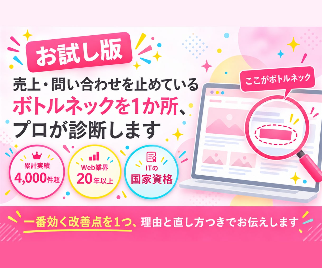 お試し版｜問い合わせが増えない原因を1つ特定します まず直すべき1か所を、理由と直し方つきでお伝え イメージ1
