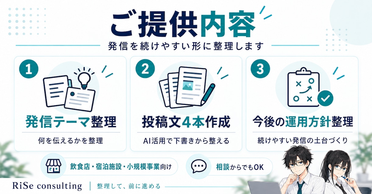 AIを活用してSNS投稿4本と発信の土台を整えます 投稿テーマ整理から文章作成まで、SNS運用をサポートします イメージ2