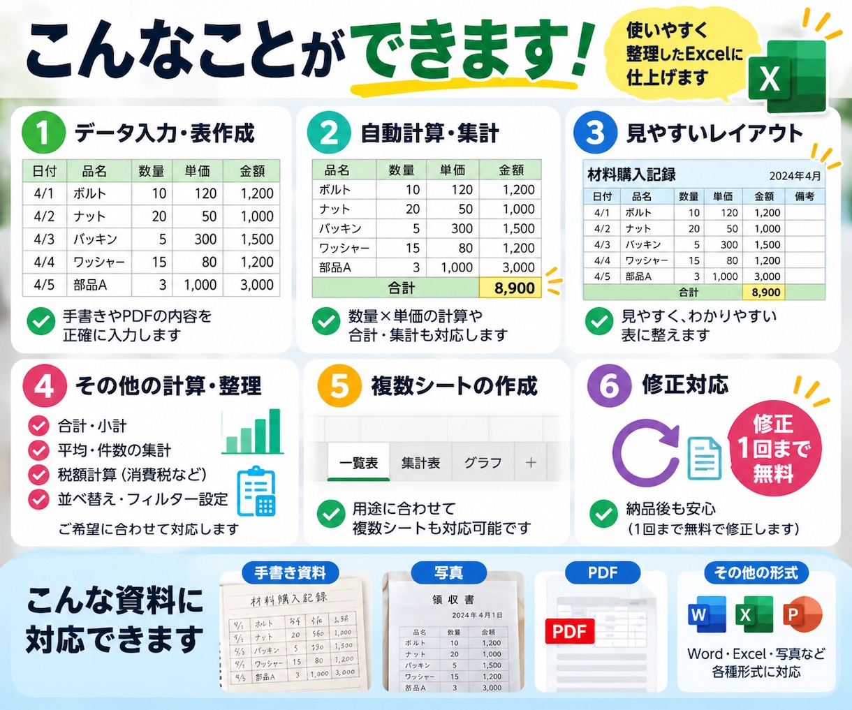 手書き・写真・PDFをExcelにします 面倒な表作成を見やすく使いやすいExcelに！ イメージ3